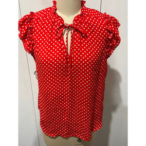 Women's TAMARA H. Red White Polka Dot Ruffle tie neck cap sleeve Blouse SP